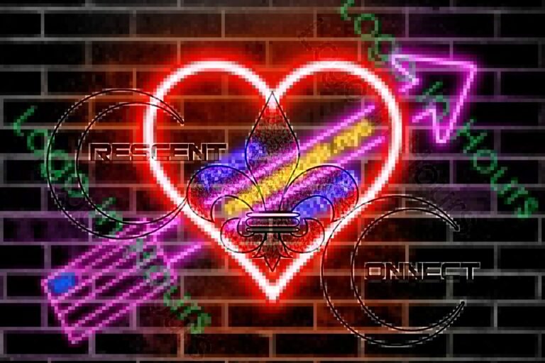 Neon heart and arrow sign-style logo on brick