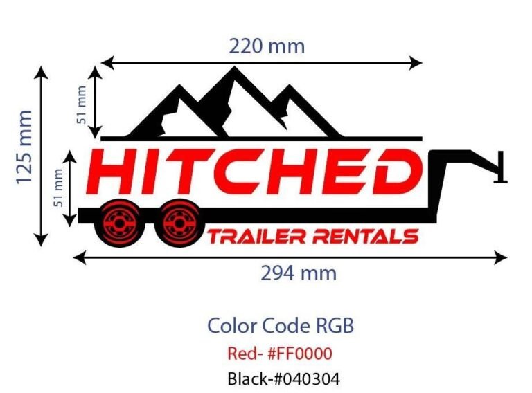 Hitched Trailer Rentals vehicle graphic layout with measurements